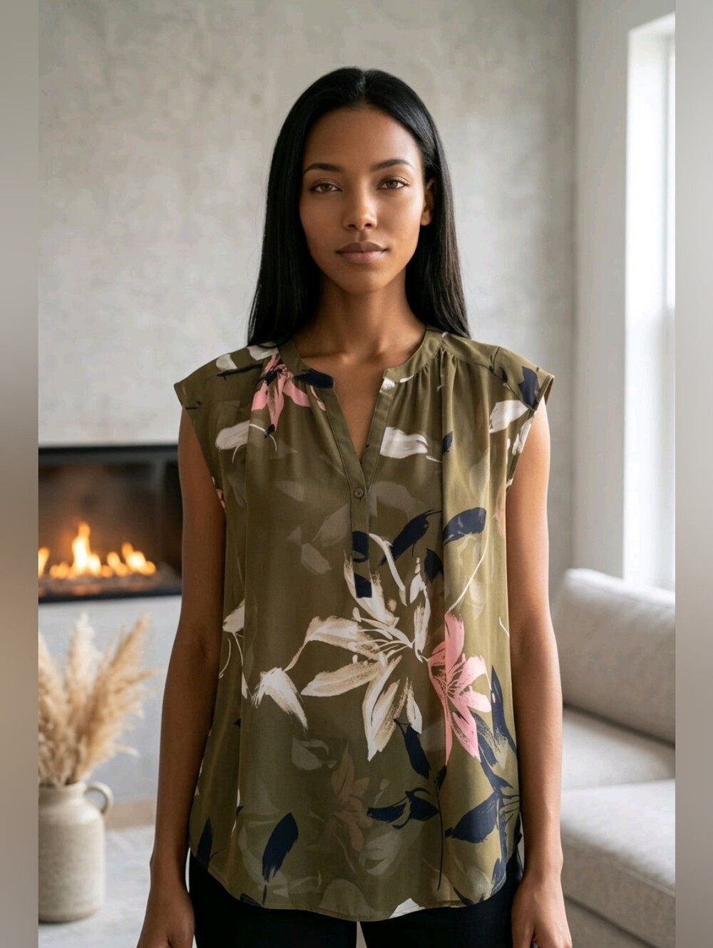 Halston Floral Blouse XS Olive Pink Sleeveless Top